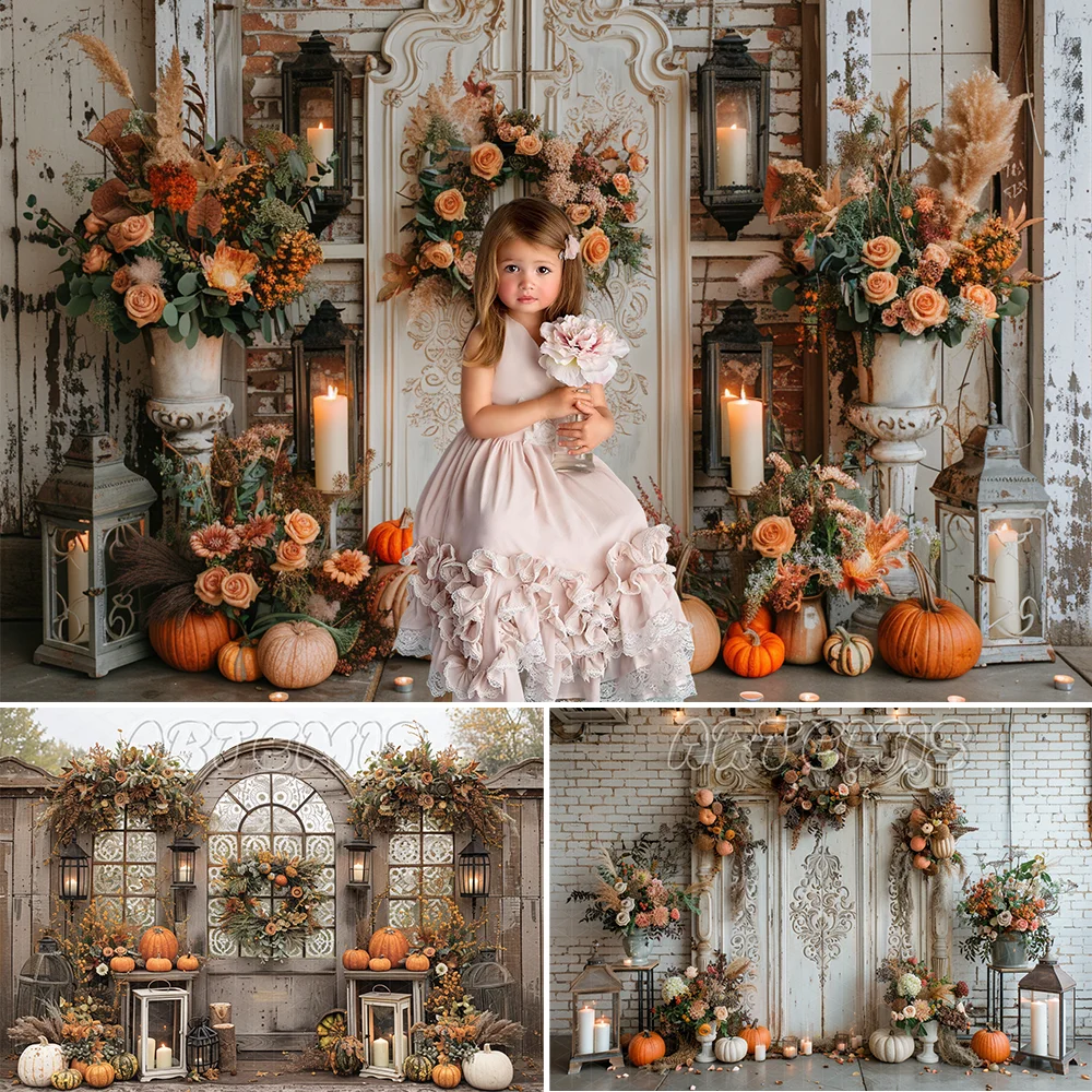 Fall Backdrop Lanterns Pumpkins Flowers White Ornate Lace Screen Candles Wreath Brick Wall Background Photo Studio Photo-call