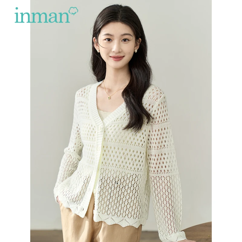 INMAN Women Knit Cardigan 2023 Summer Long Sleeves V Neck Loose Tees Hook Flower Hollowed Out Thin Elegant Chic Outwear Tops