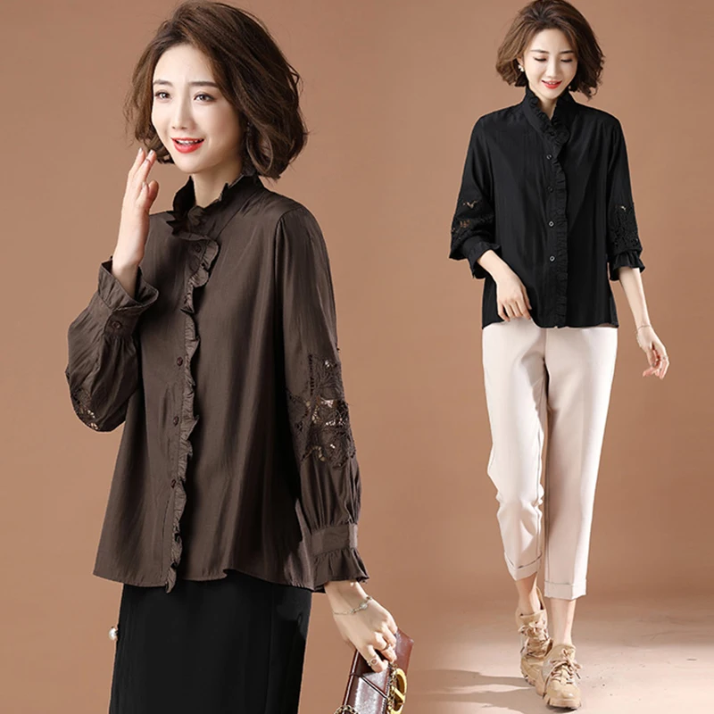 

Pure Color irt Вышитый ажурный топ с длинным светом и цветочным воротником для женщин больших размеров Осенняя одежда Artistic Sle Loo...