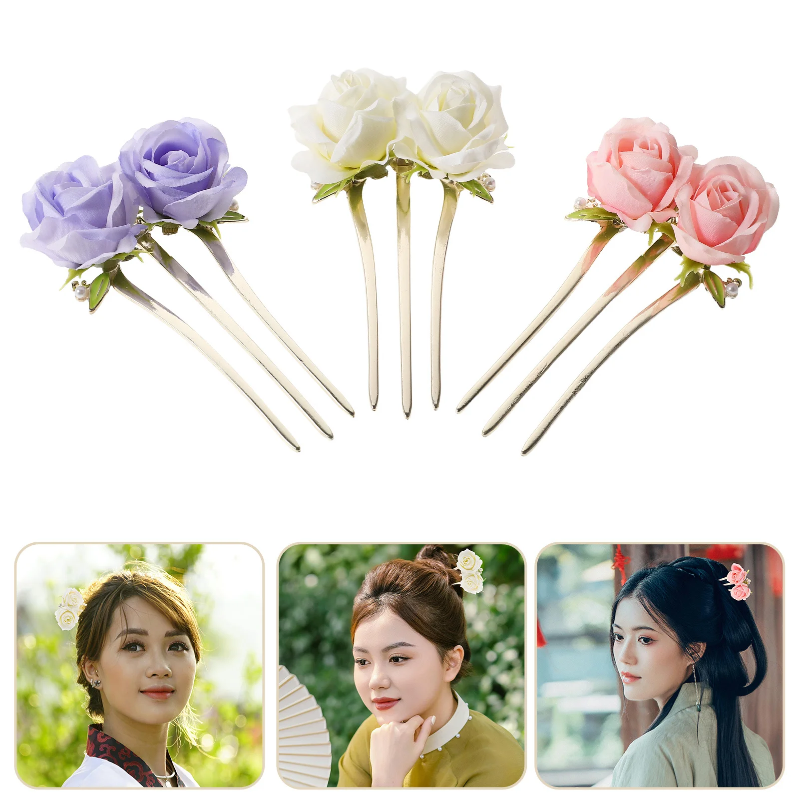 

3Pcs Chinese Traditional Hair Forks Peony Decorated Styling Pins Secure Updo Lightweight Comfortable Cultural Heritage Gift