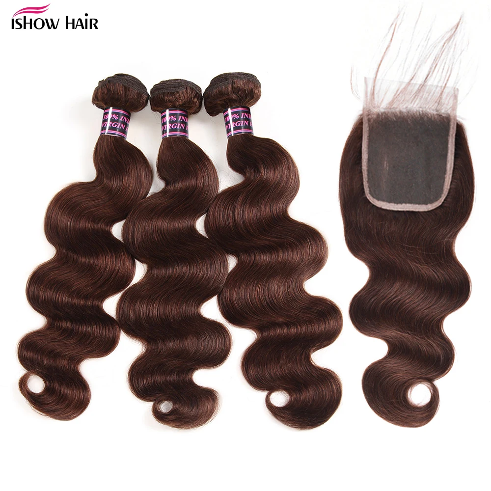 # 4 حزم موجة الجسم اللون البني مع 4x4 الدانتيل إغلاق حزم الشعر البشري مع إغلاق ريمي وصلات شعر بشرية للنساء