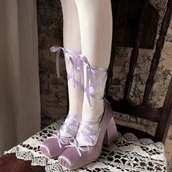 2024 Satin Ballet High Heels 9cm Square Heel Bow Princess Sandals French Square Toe Pleated Frenum Lolita Sexy Pumps 36-41 Shoes