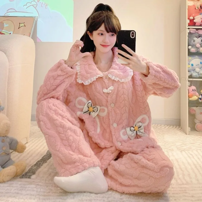 

Женская утолщенная одежда для сна из кораллового флиса больших размеров, зимний теплый пижамный комплект, корейская милая одежда с кукольным воротником, фланелевая одежда для дома