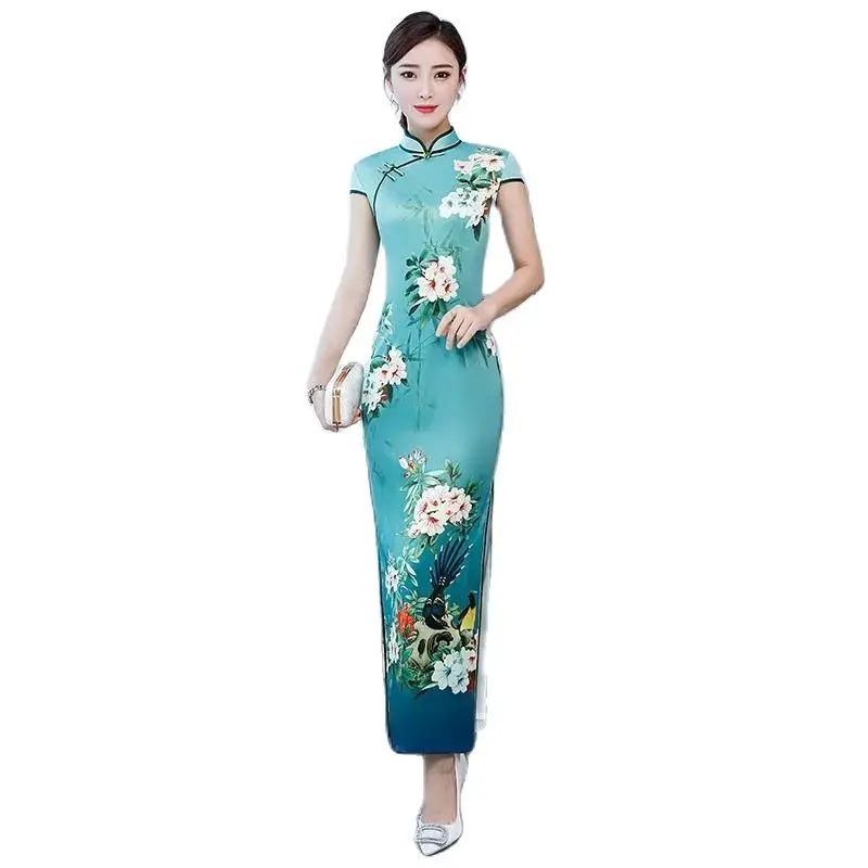 

Temperament Long Cheongsam 2023 New Female New Chinese Style Retro Slim Elegant Catwalk Costume Summer Print Fashion Dress Femal