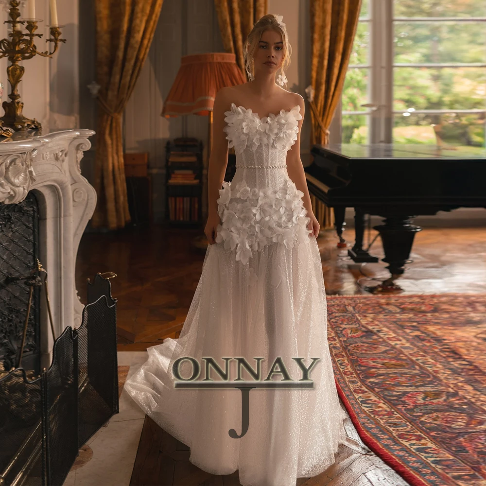 

Customized Glitter 3D Flowers Wedding Dresses Pearl for Women Dubai Beads Belt Formal Bridal Gown for Bride Abito Da Sposa Plus