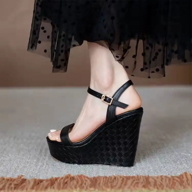 2023 Summer New Wedge 10cm High Heel Platform Shoes Black Women\'s Sandals Open Toe Heels