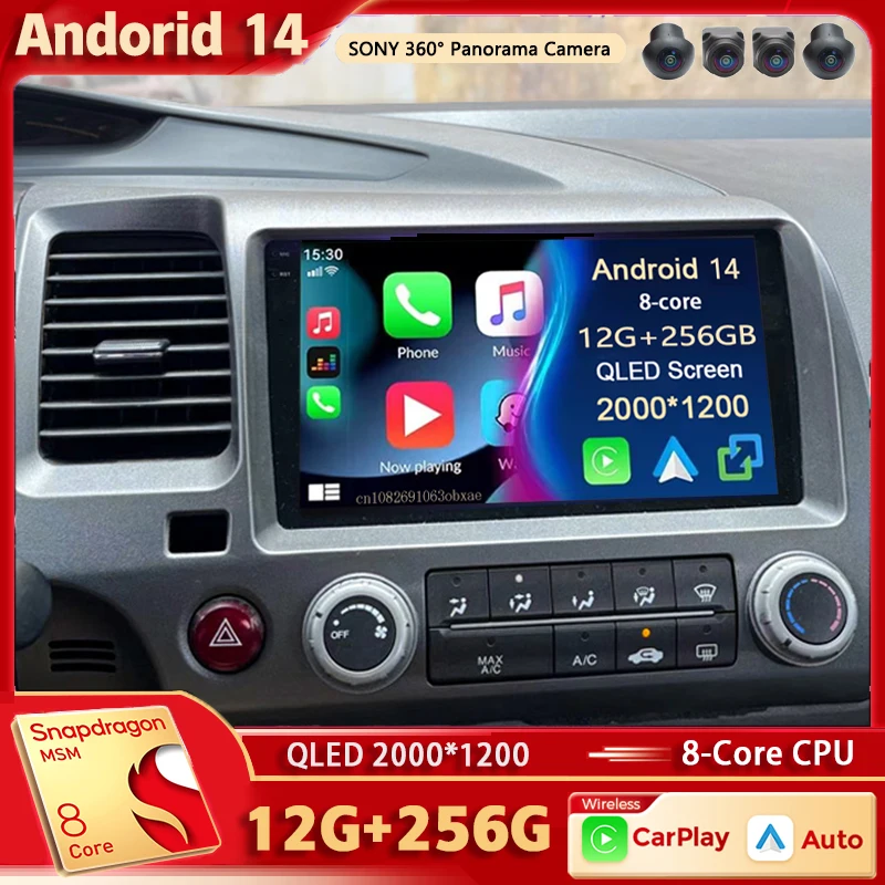 Android 14 For Honda Civic 8 FK FN FD 2005 - 2012 2K QLED Android Car Radio Multimedia Video Player GPS Stereo CarPlay Head Unit