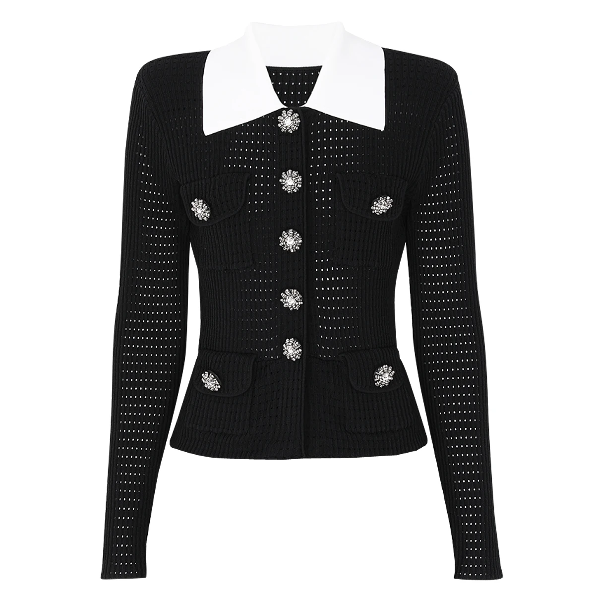25324 High-End Quality Spring And Autumn New Fashion Nail Drill Button Knitted Versatile Women's Lapel Top Cardigan Jacket