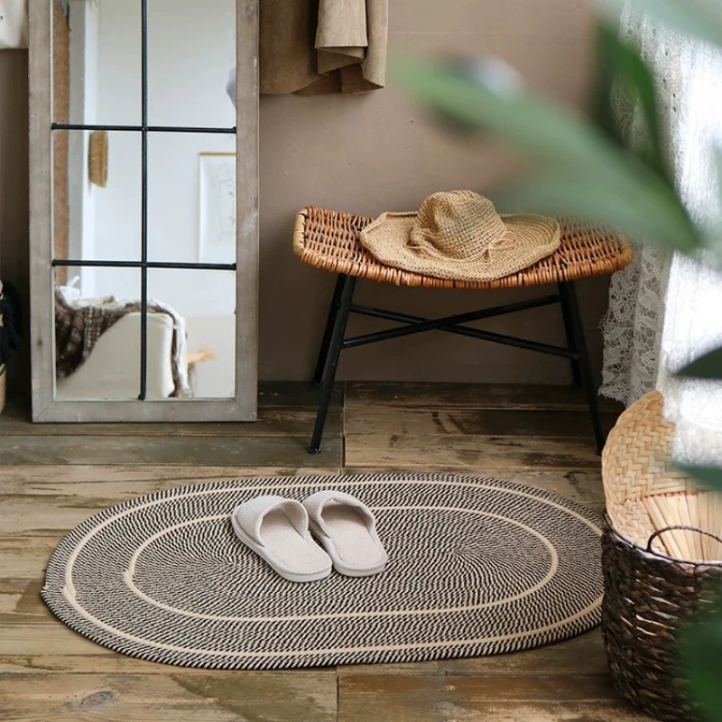 Jute Woven Oval Rug Wabi Sabi Floor Mat for Living Room Minimalist Bedside Carpet for Bedroom Japanese Style Plain Straw Mat