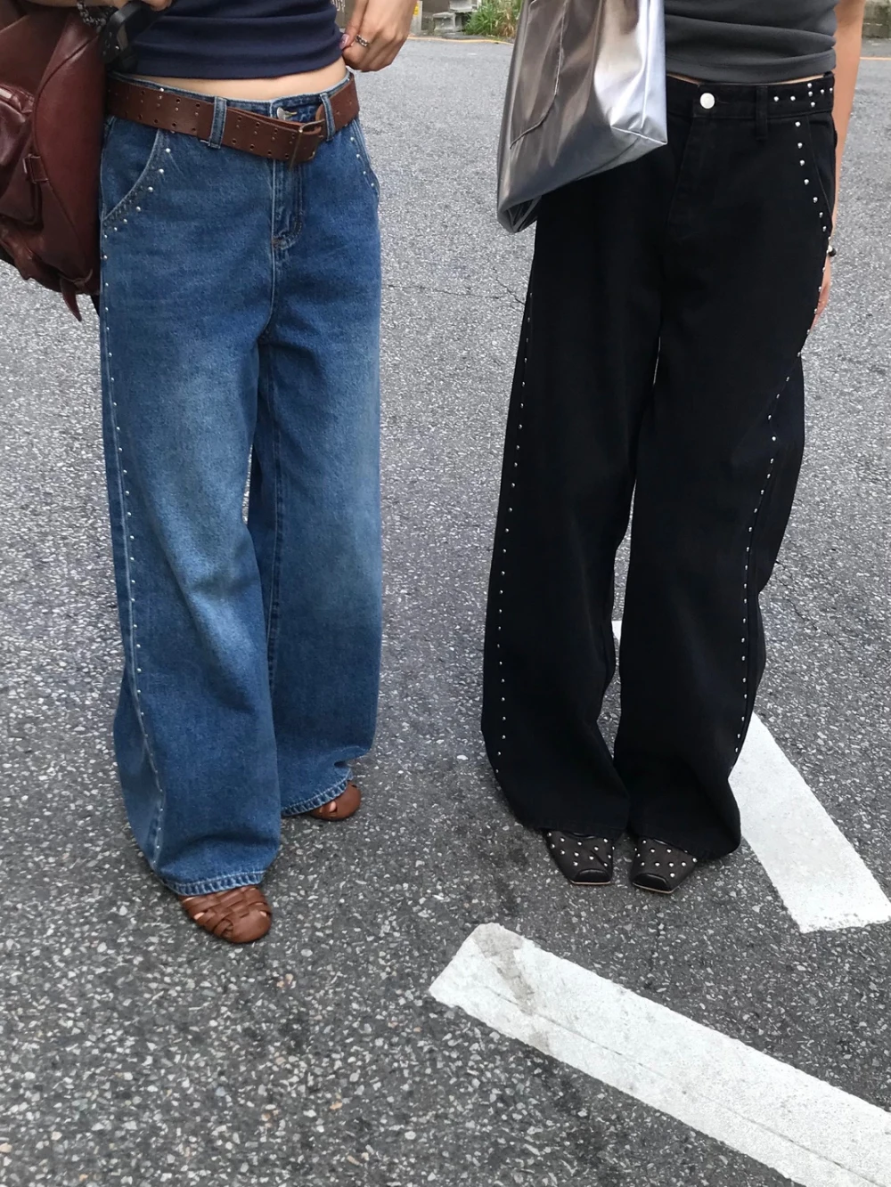 SML – pantalon en Denim pour femmes, 2 couleurs, rétro Chic, taille haute, coupe ample, perles décoratives, embellissement lourd, Long polyvalent, automne