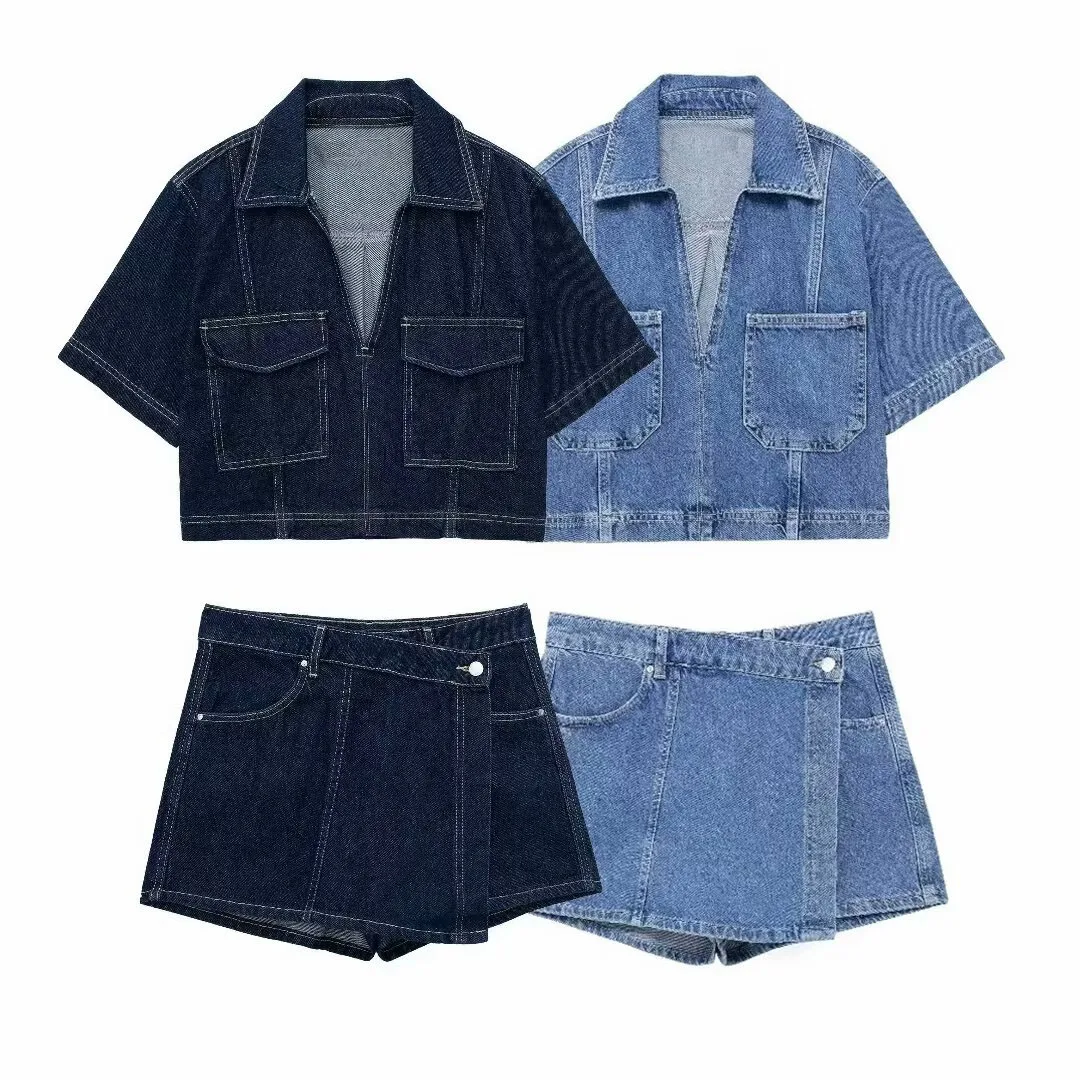 2024 ZAR4 Summer New Women\'s versatile casual short denim shirt double breasted denim skirt pants set