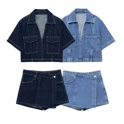 2024 ZAR4 Summer New Women's versatile casual short denim shirt double breasted denim skirt pants set