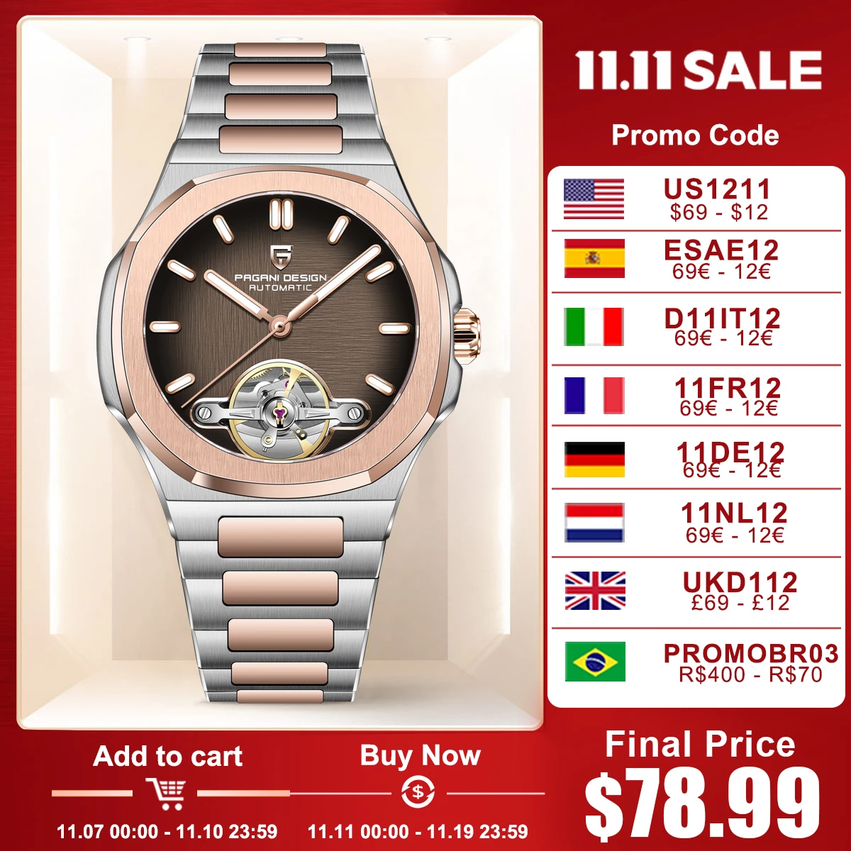 

PAGANI DESIGN Tourbillon Men's Watches Rose Gold Top Luxury Automatic Watch For Men Mechanical Wristwatches AR Sapphire Luminous