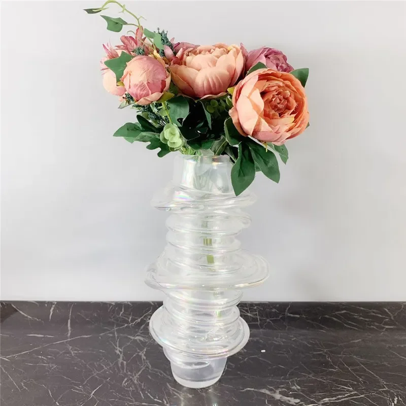 Modern Colorful Spiral Glass Vase European Style Home Decor Ornament for Living Room Table Centerpiece Soft Decoration