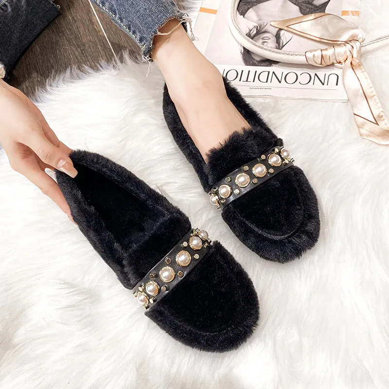 Fury Shoes for Women Wearing Mink Fur for Winter Outings, Thick Soles for One Foot To Keep Warm, Plush Bean Shoes for Women in L