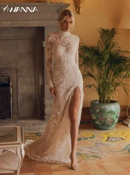 Modest High Collar Long Sleeve Wedding Dress Classic Lace Appliques Bride Robe Elegant White Long Bridal Gown Robe De Mariée