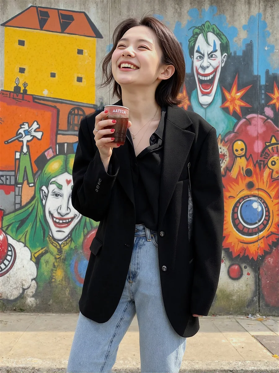 Women'S Modern Blazers Black White Turn-Down Collar Chaqueta O Neck Color-Blocked Cuffs Holiday Solidcolor Sleevebuttons Evening