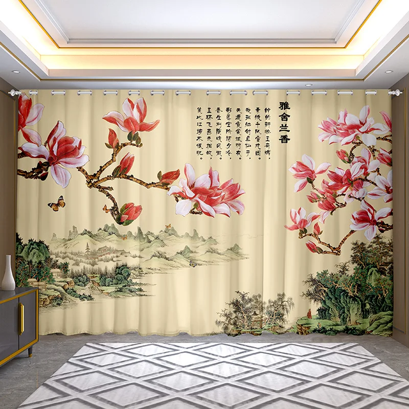 2 panel New Chinese Retro Curtain Landscape Horse Curtain Semi-shading Hook Grommet Top Type for Bedroom Living Room Window