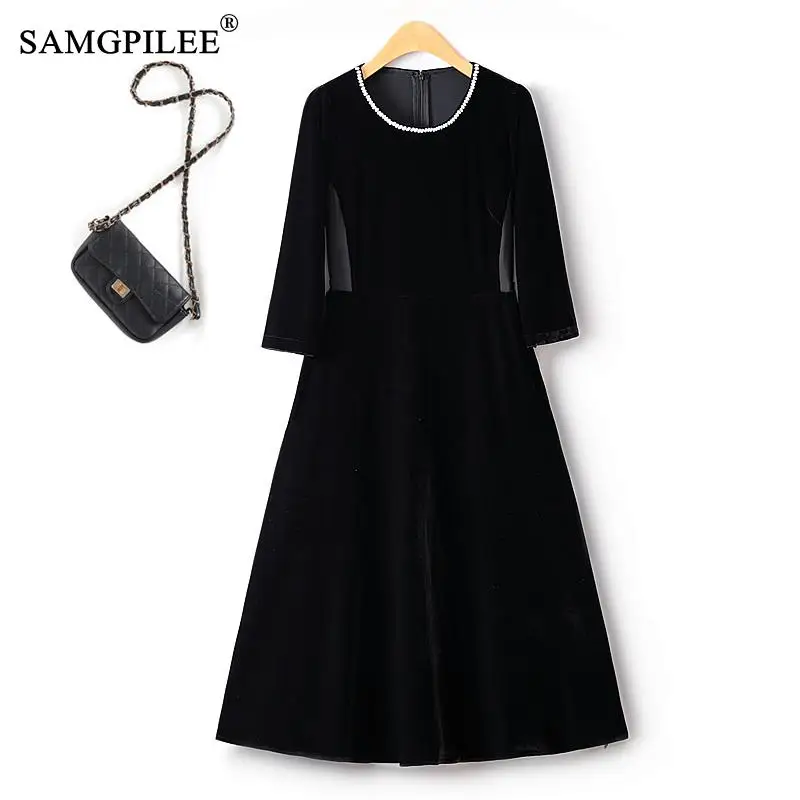 

Long Dresses Autumn Winter 2023 New Over The Knee Elegant Neckline Beaded Light Luxury Stitching Waist Velvet Female Dress 4XL