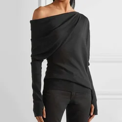 2024 New Asymmetric Cold Shoulder Long Sleeve T-shirt Solid Black Slim Fit Shirt Top Women's Elegant Pullover Tops
