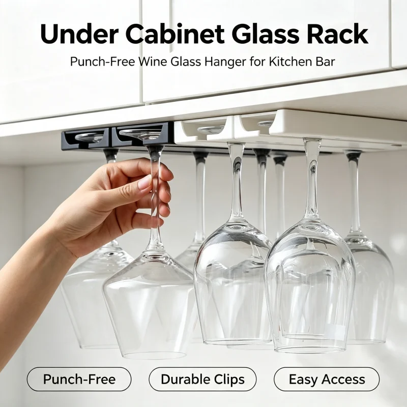 No Drill Wall Mount Wine Glass Rack, Under Cabinet Stemware Holder for Kitchen Living Room, Inverted Red Wine Glass Stand