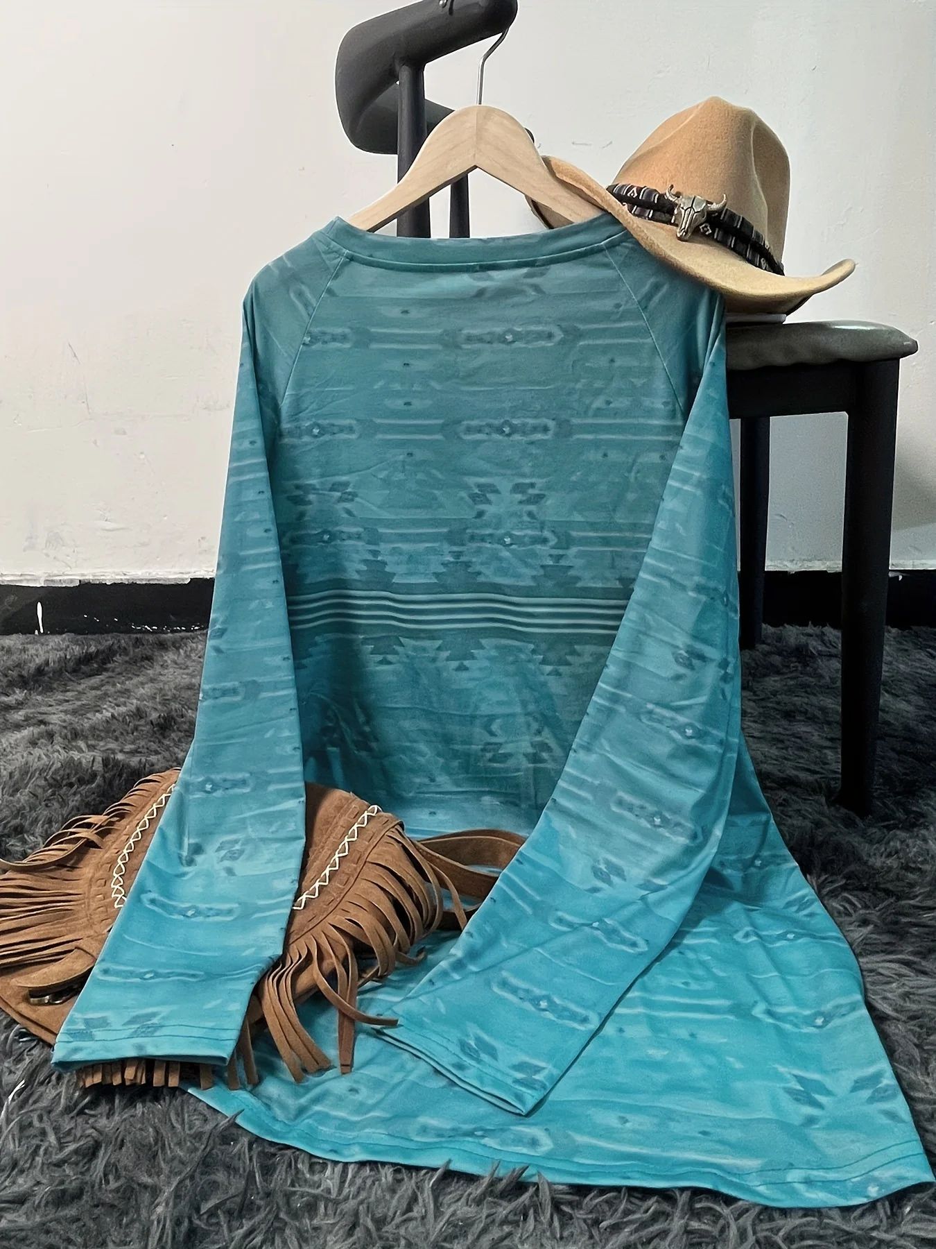 Women's Ethnic-Style Top: Vintage Print, Long Sleeve, V-Neck, Button-Front Blouse