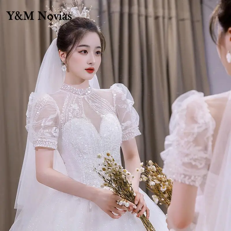 Новинка, легкое свадебное платье Y & m Novias, роскошное кружевное платье с пышными рукавами и высоким воротом, с аппликацией из бисера и блестками, для мечты невесты, искусственная иллюзия