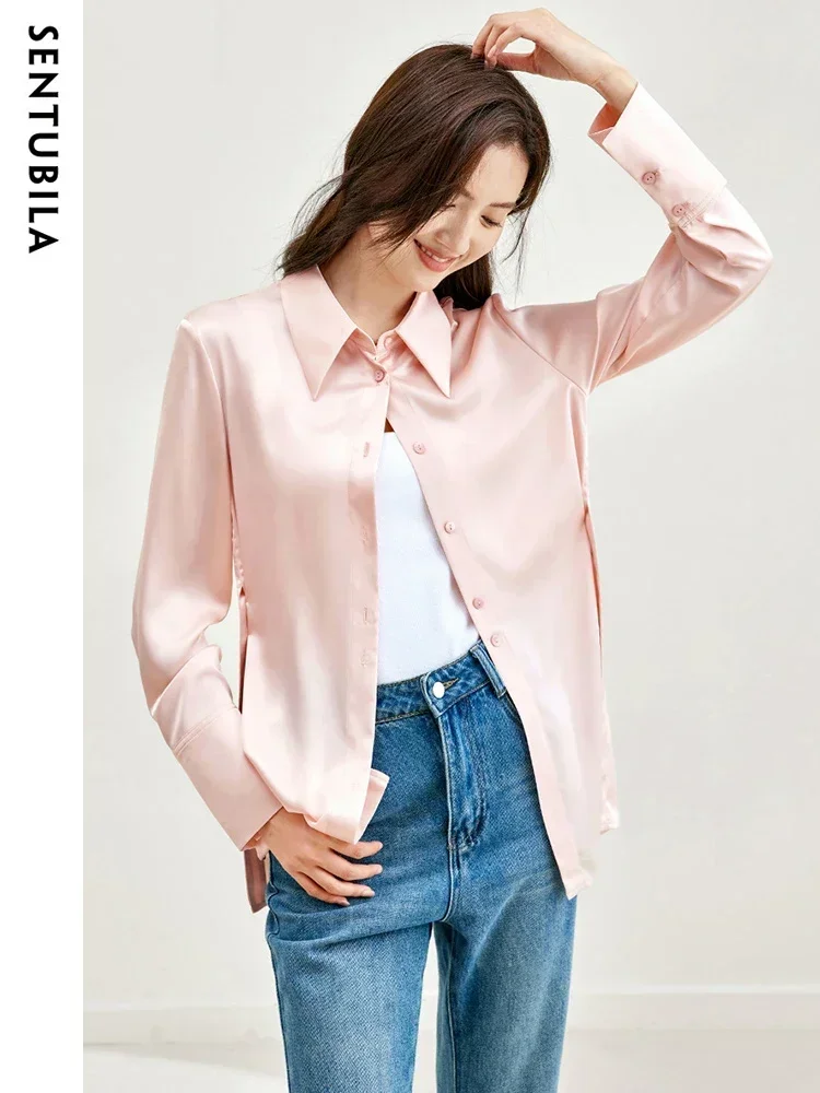 SENTUBILA 여성 우아한 셔츠 & 블라우스 2025 봄 오피스 레이디스 긴팔 탑 버튼 다운 릴랙스 핏 셔츠 M43C57999X