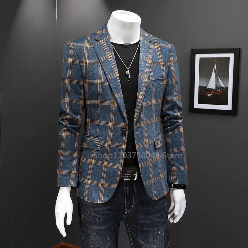 Men High Quality Business Suit Jackets Man Slim Fit Plaid Notch Lapel One Button Blazers Man Casual Fashion Suit Coat 6XL-S