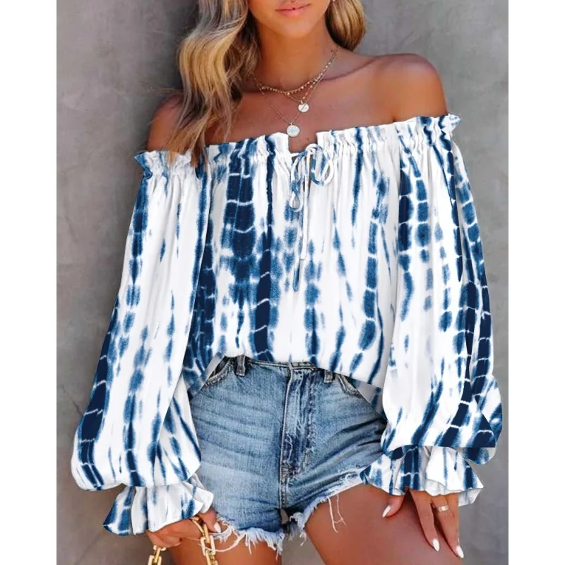 Women Off Shoulder Shirt Blouse Summer Floral Print Casual Long Sleeve Tops T-Shirt V Neck Retro Ethnic Style Loose Women Blouse