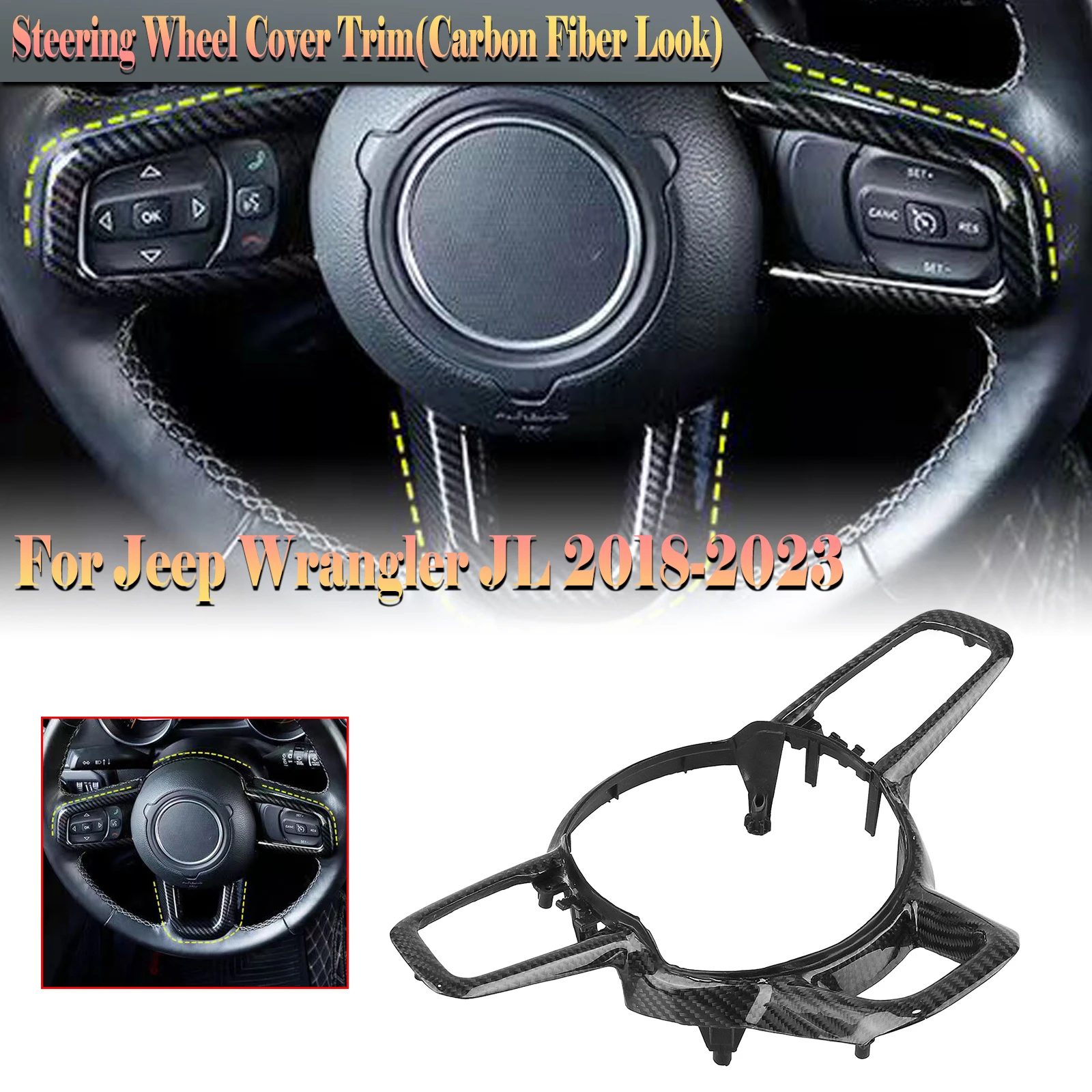 

For Jeep Wrangler JL 2018-2023 Gladiator JT 2020+ Carbon Fiber Black Steering Wheel Panel Frame Cover Trim Kit