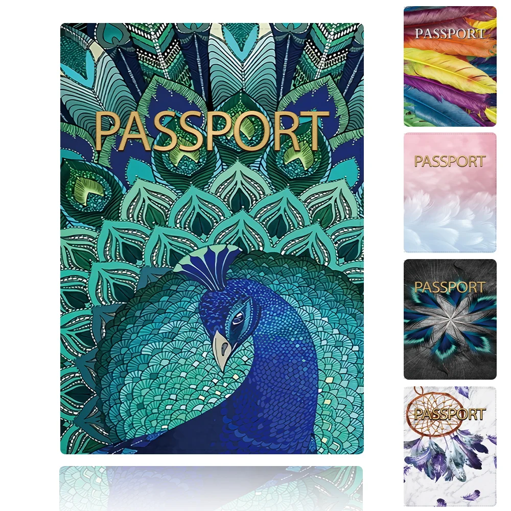 Fashion Passport Covers Holder Multi-Function Travel ID Bank Card Passport Holder Feather Printing Simple PU Leather Wallet Case