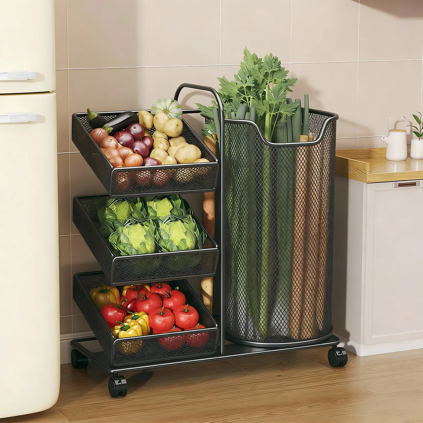 DSA kitchen scallion, ginger, garlic storage rack, floor-standing mobile layered fruit and vegetable storage  multifunctional