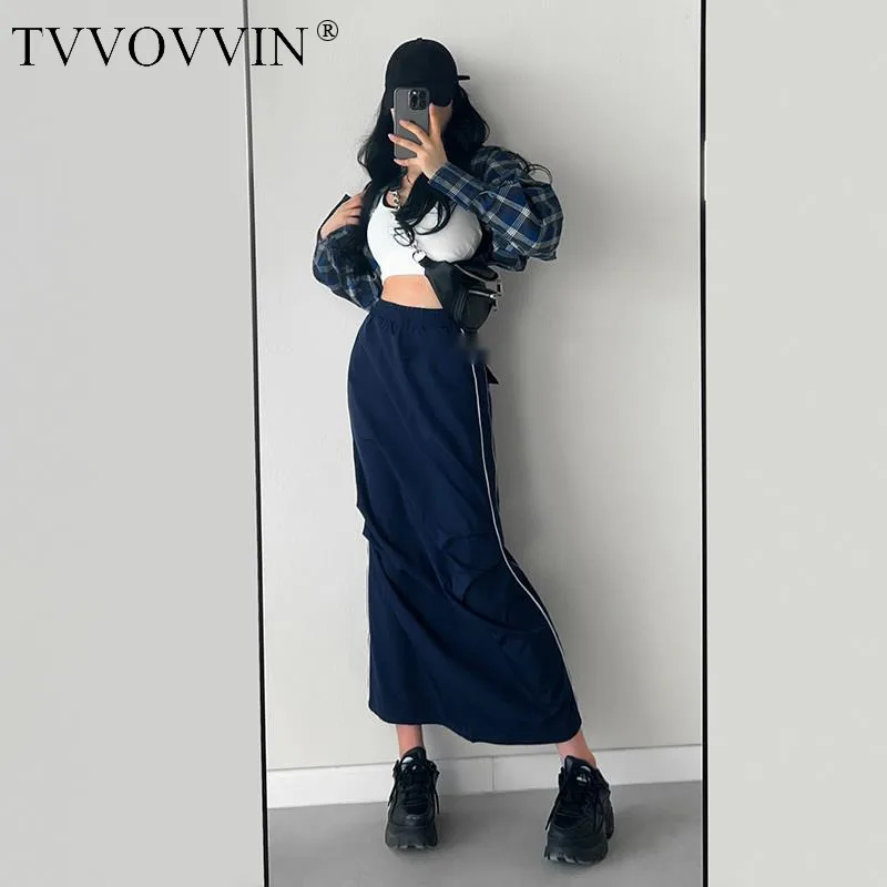 TVVOVVIN 2023 Autumn Spicy Girls Elastic Waist Skirt Women's High Waist Street Sports Style Side Stripe Casual Long Dress I23K