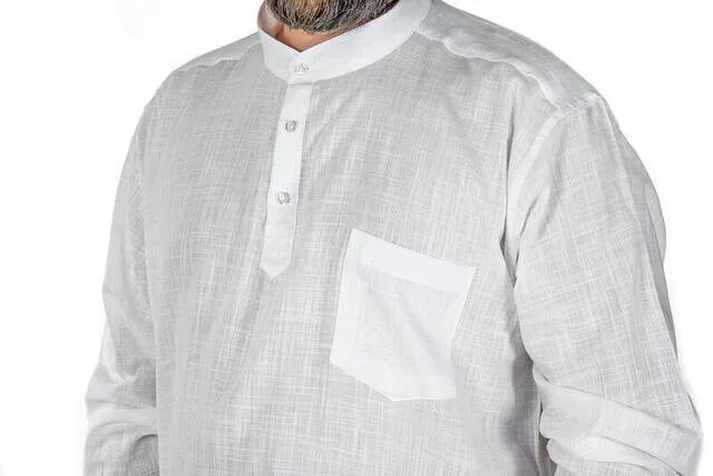 IQRAH Crew Neck 3 Button Linen White Shirt