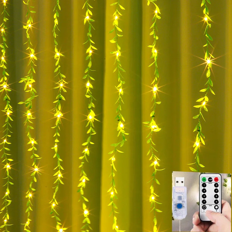 

3x3m Curtain Garland on The Window USB Power Fairy Lights Festoon Willow Leaves New Year Garland Led Lights Christmas Decor