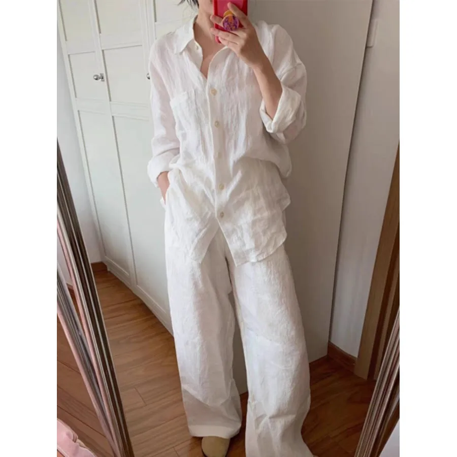 

Повседневный комплект из хлопка и льна: простая рубашка и брюки для отдыха, комплект из двух предметов для женщин больших размеров, весна-осень, новинка, европейский стиль.