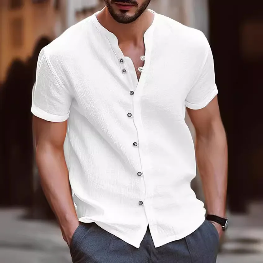 

Men's Summer Casual Button up irt ort Sve Slim Fit Pure Color No Iron Treaent Stand Collar Tie Button down Top