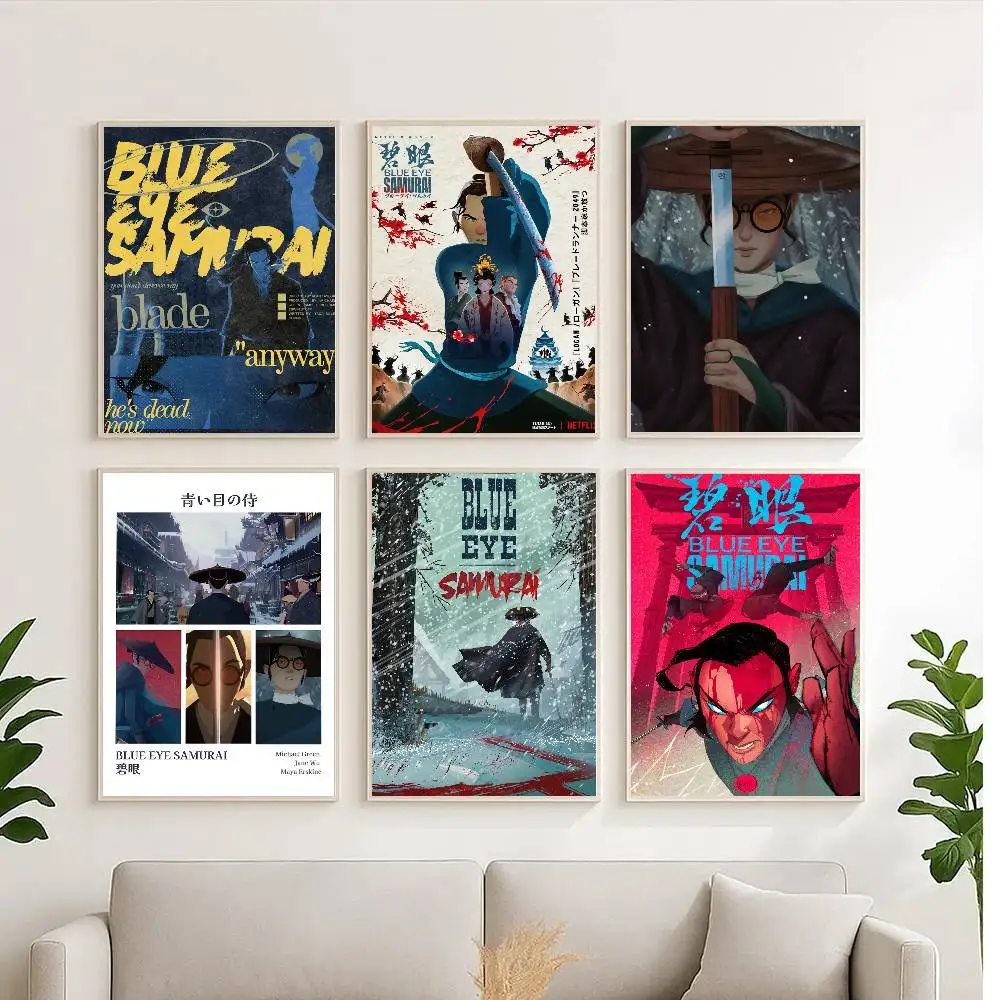 Póster de samurái de ojo azul, arte autoadhesivo, pegatina de papel impermeable, decoración de pared de habitación, cafetería, Bar, 1 ud.