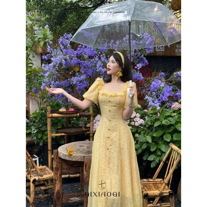 

Women's Ruffled Square Neck Puff Sleeve Button-Front Maxi Dress