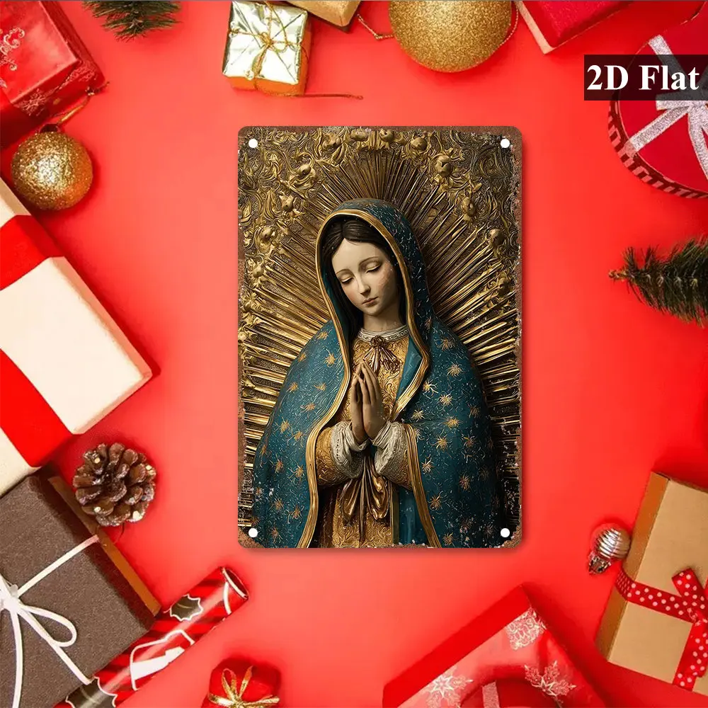 2D Vintage Metal Wall Sign, Religious Virgin Mary Icon, Turquoise Gold Frame, Spanish Catholic Decor for Home Church Bar