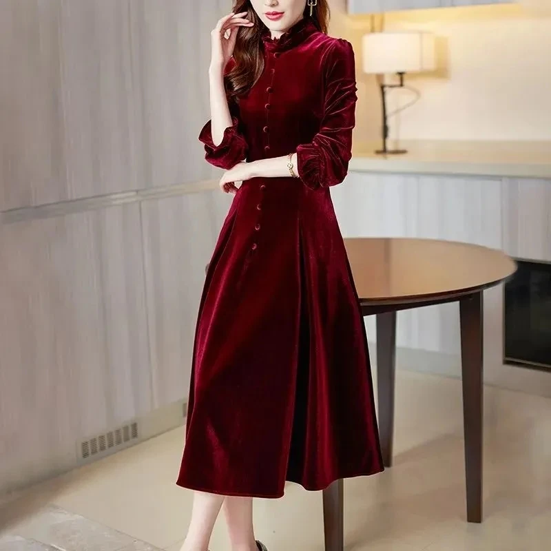 Wine Red Golden Velvet Dress Women Spring Autumn Long Sleeved Long Dresses Female Temperament Evening Party Dress Mujer Vestidos