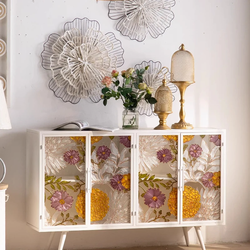

White cream wind entrance entrance cabinet, floor-to-ceiling painted glass door storage cabinet