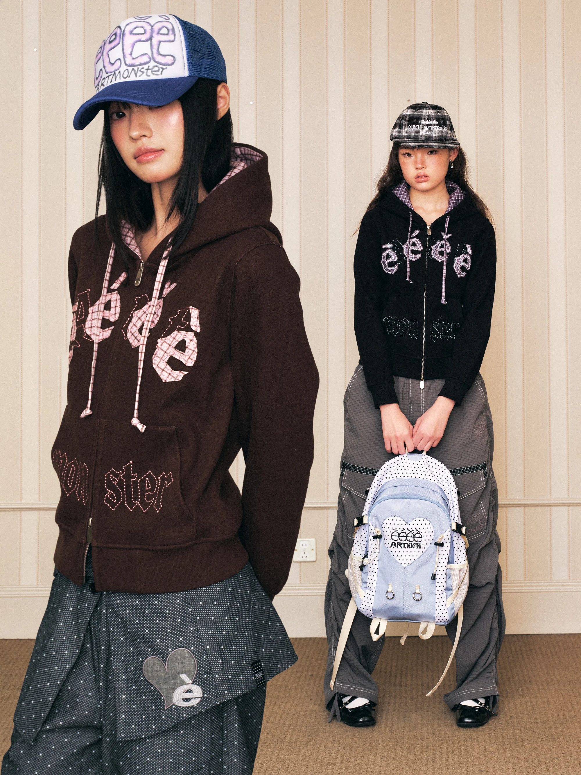 EeeeArtmonster Retro Plaid Patchwork Hoodie Color Block Letter Embroidery Open Cardigan for Young Women Standard Fit Long Sleeve