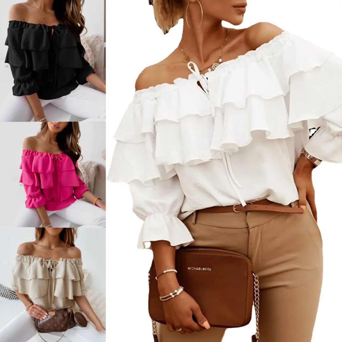 

Mandylandy Slash Collar Blouses Chiffon Shirt Elastic Shoulder Lace-up Ruffle Top Casual Loose Medium-sleeved Women's Clothing