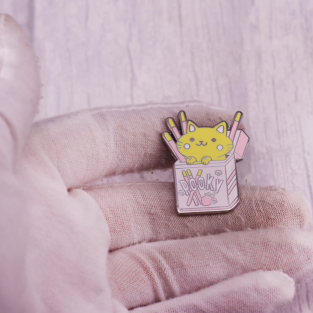 Pink Snack Box Cute Cat Enamel Pin Adorable Pooky Cat Brooch Cartoon Cookie Stick Badge Backpack And Clothing Accessories Lovers