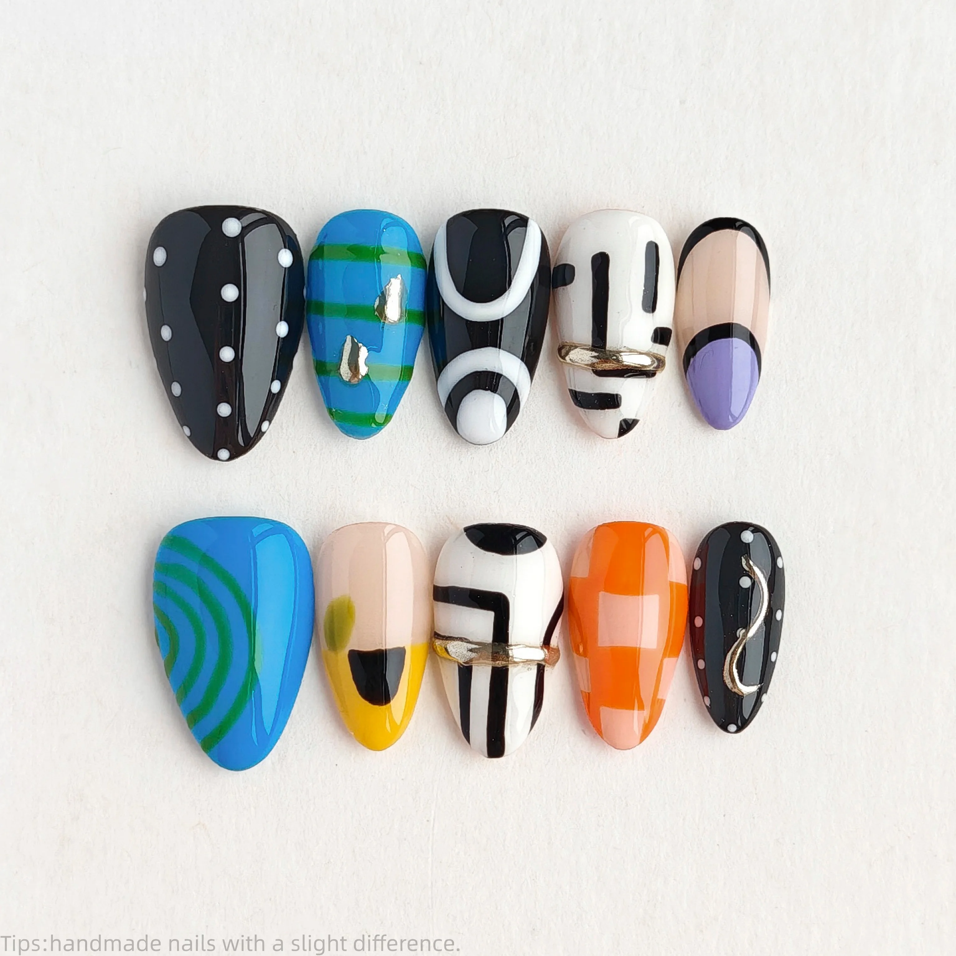 10pcs Handmade Multicolor Abstract Art Press On Nails Short Almond Trendy Fake Nails Decor False Nails Spring Summer Nails