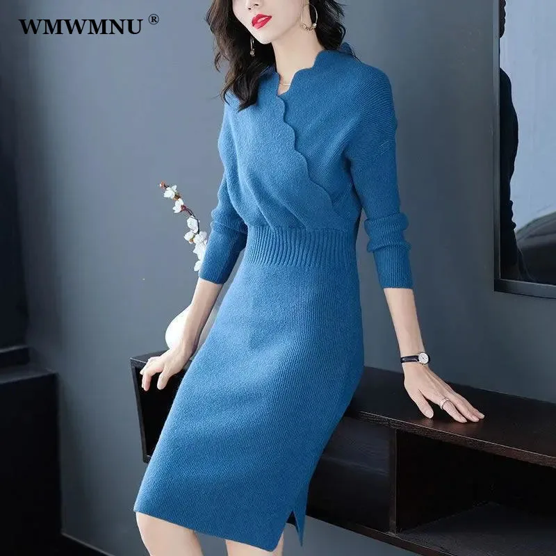 Elegant Wavy Neck Slim Sweater Dress Women Korean Fashion Long Sleeve Knitted Bodycon Dress Vintage Knee Length Party Dresses