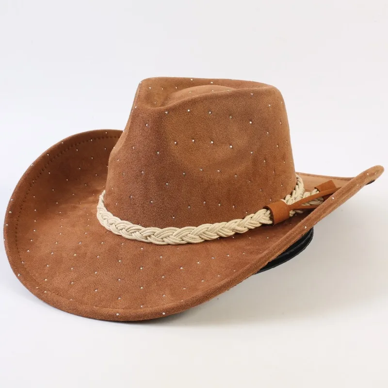 Starry Rhinestone‑Embellished Suede‑Texture Cowboy‑Style Fedora Cap for Men Women Chic Decorative Head‑Gear Lightweight