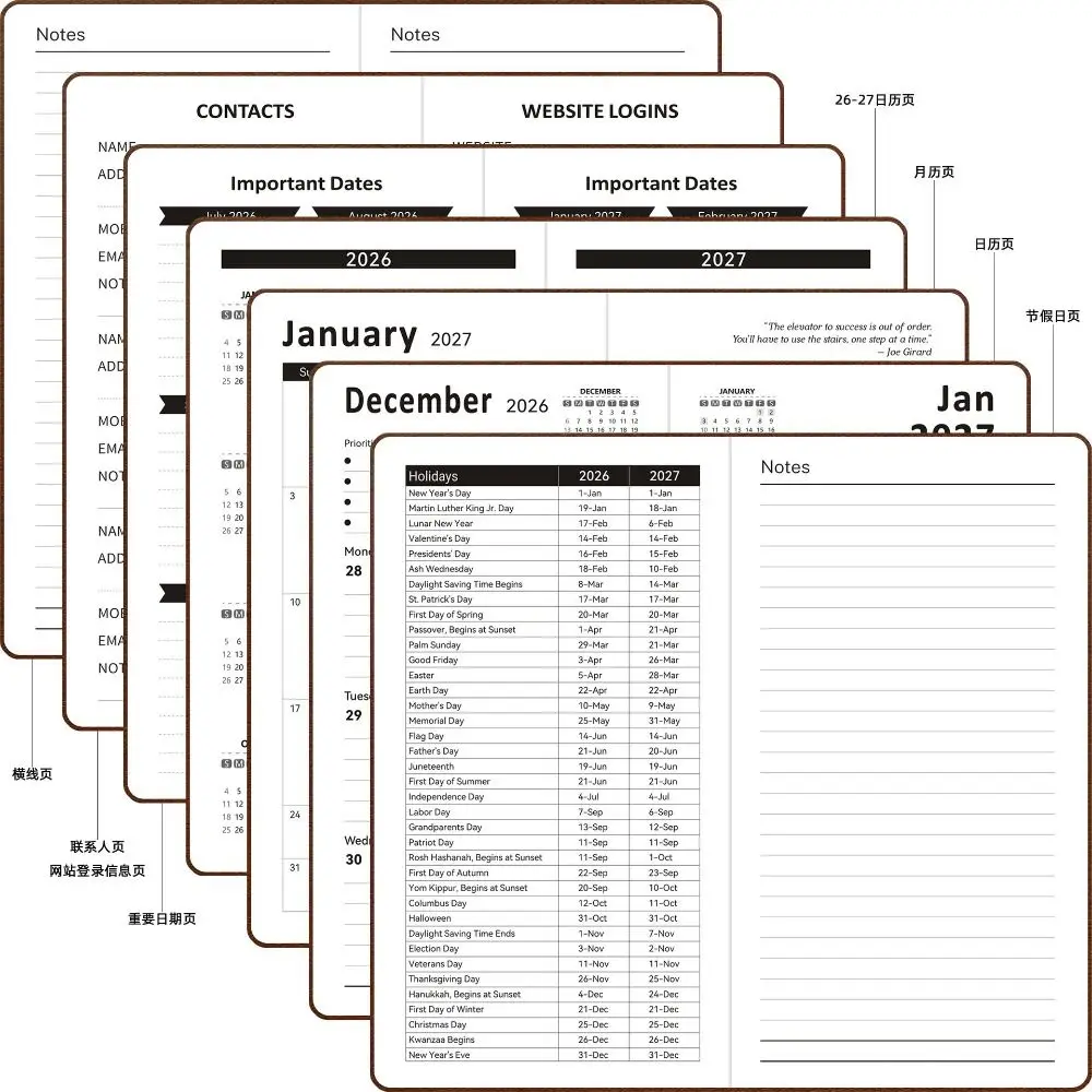 English 2026 Schedule Planner Notepad Pu Leather 12 Months Agenda Planning Notebook Full English Pages Simple